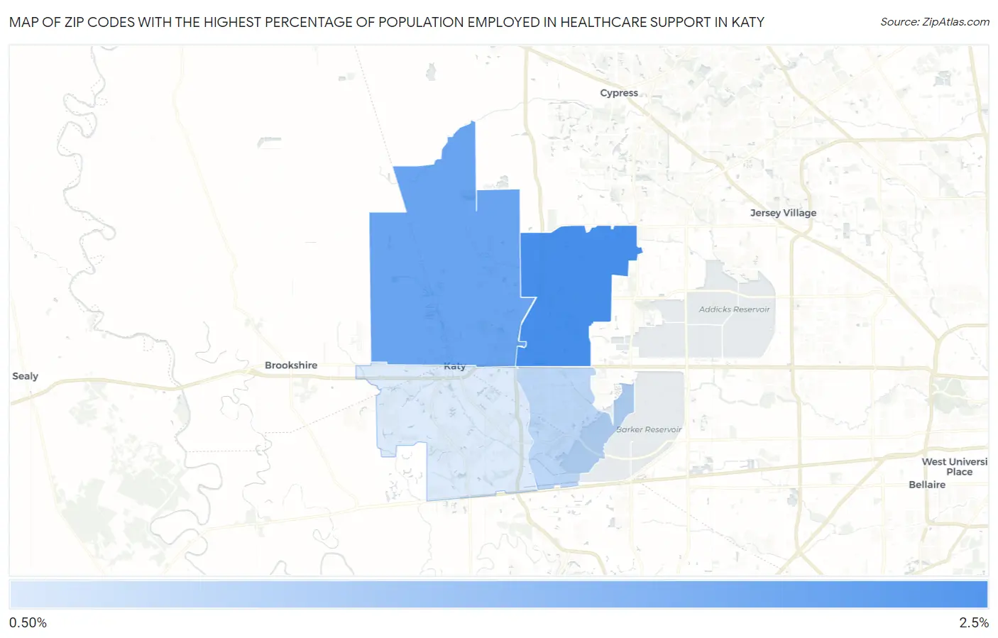 Zip Codes with the Highest Percentage of Population Employed in Healthcare Support in Katy Map
