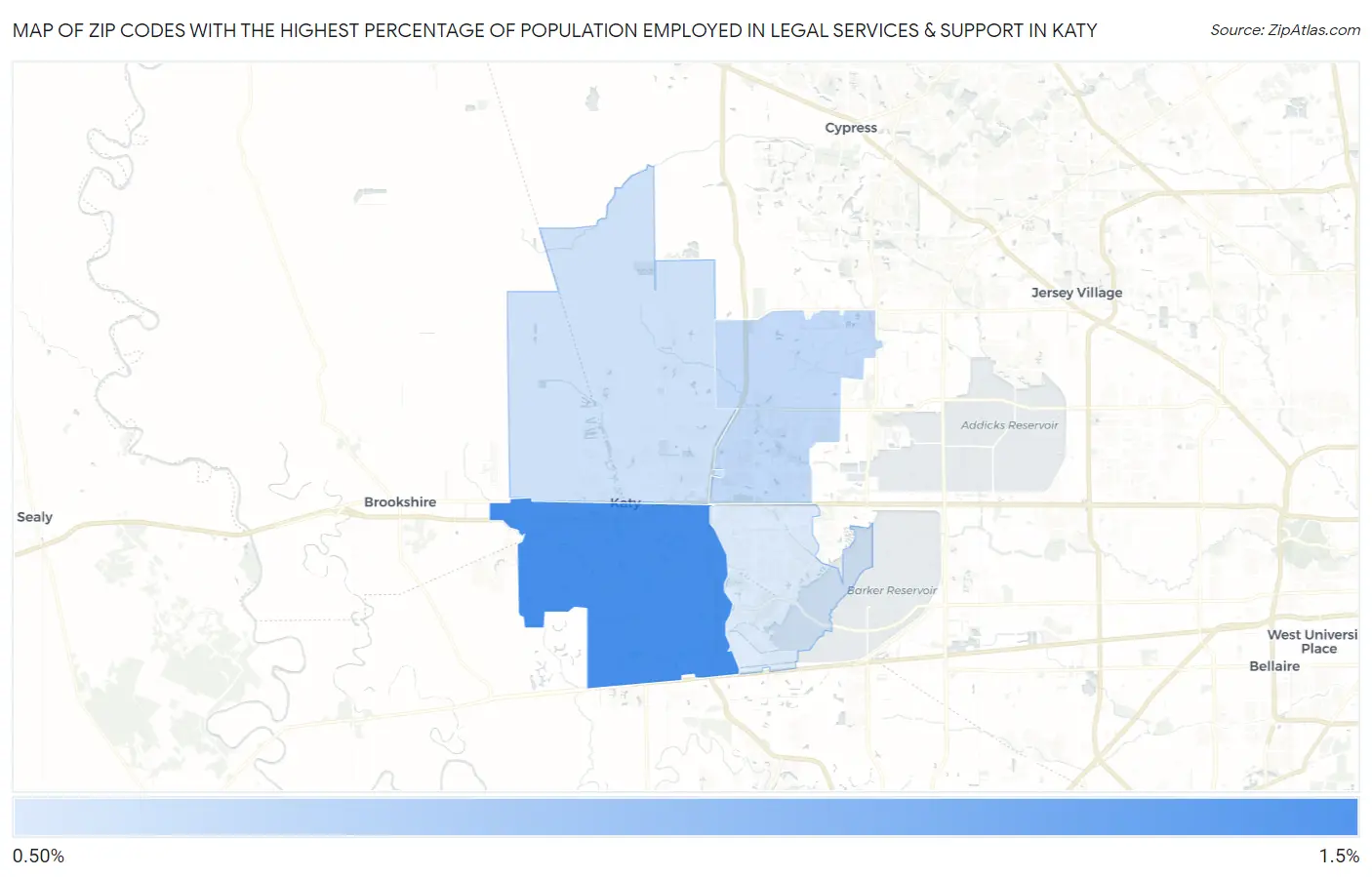 Zip Codes with the Highest Percentage of Population Employed in Legal Services & Support in Katy Map