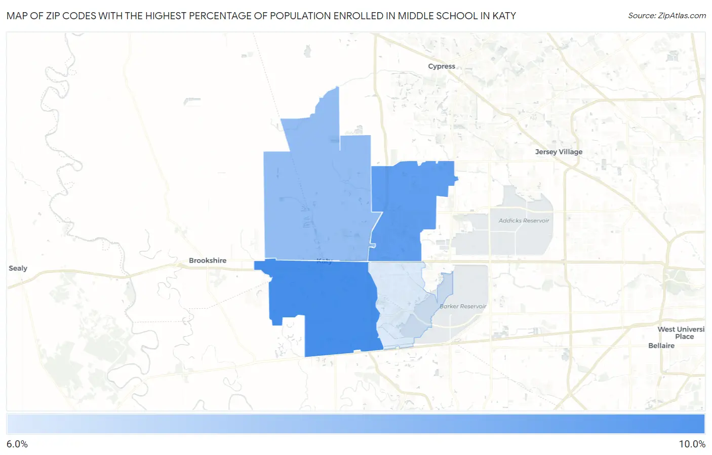 Zip Codes with the Highest Percentage of Population Enrolled in Middle School in Katy Map
