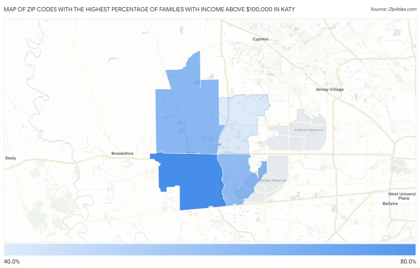 Zip Codes with the Highest Percentage of Families with Income Above $100,000 in Katy Map