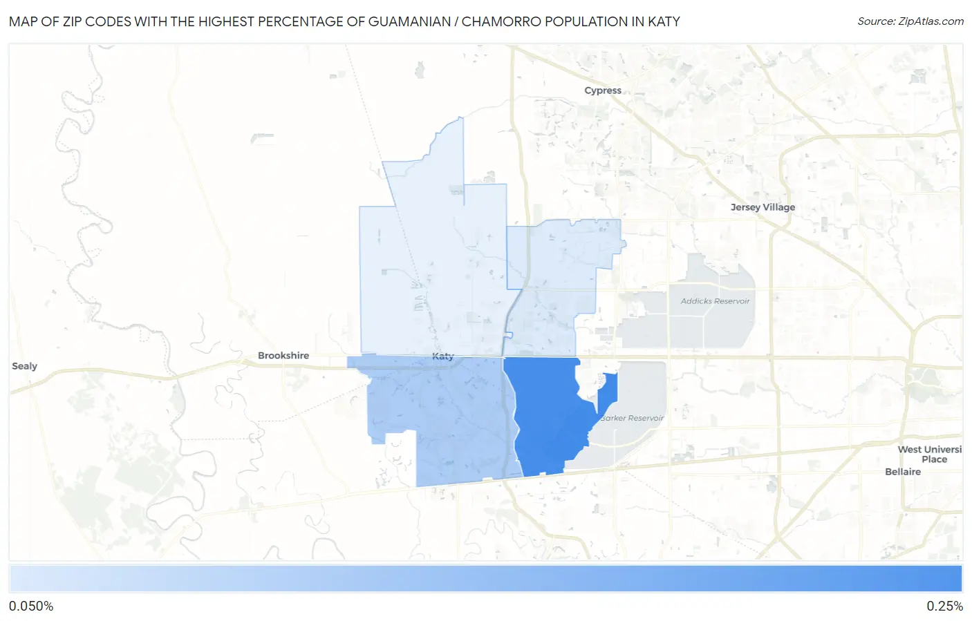 Zip Codes with the Highest Percentage of Guamanian / Chamorro Population in Katy Map