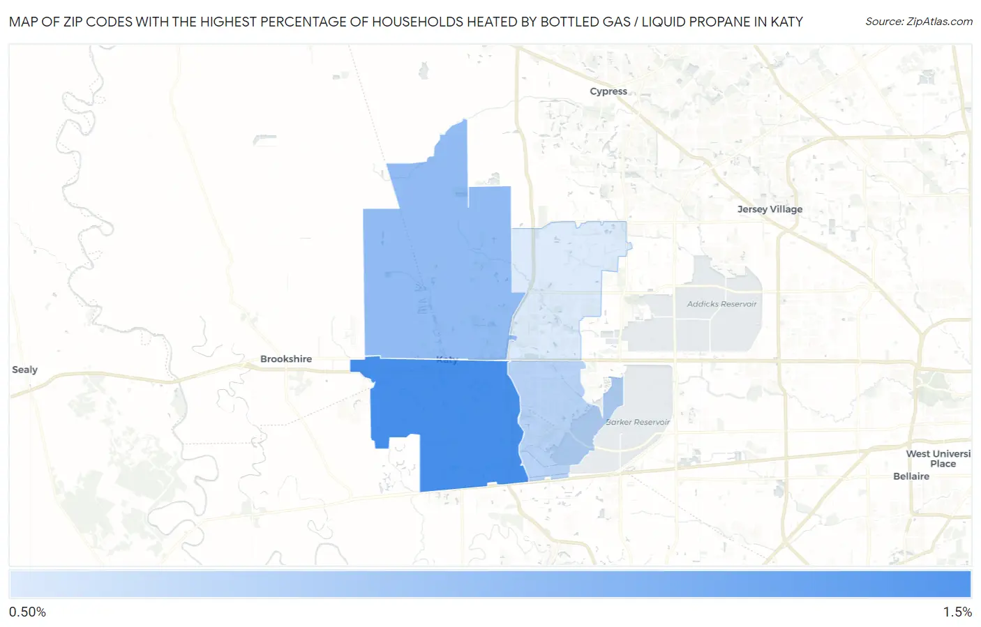 Zip Codes with the Highest Percentage of Households Heated by Bottled Gas / Liquid Propane in Katy Map