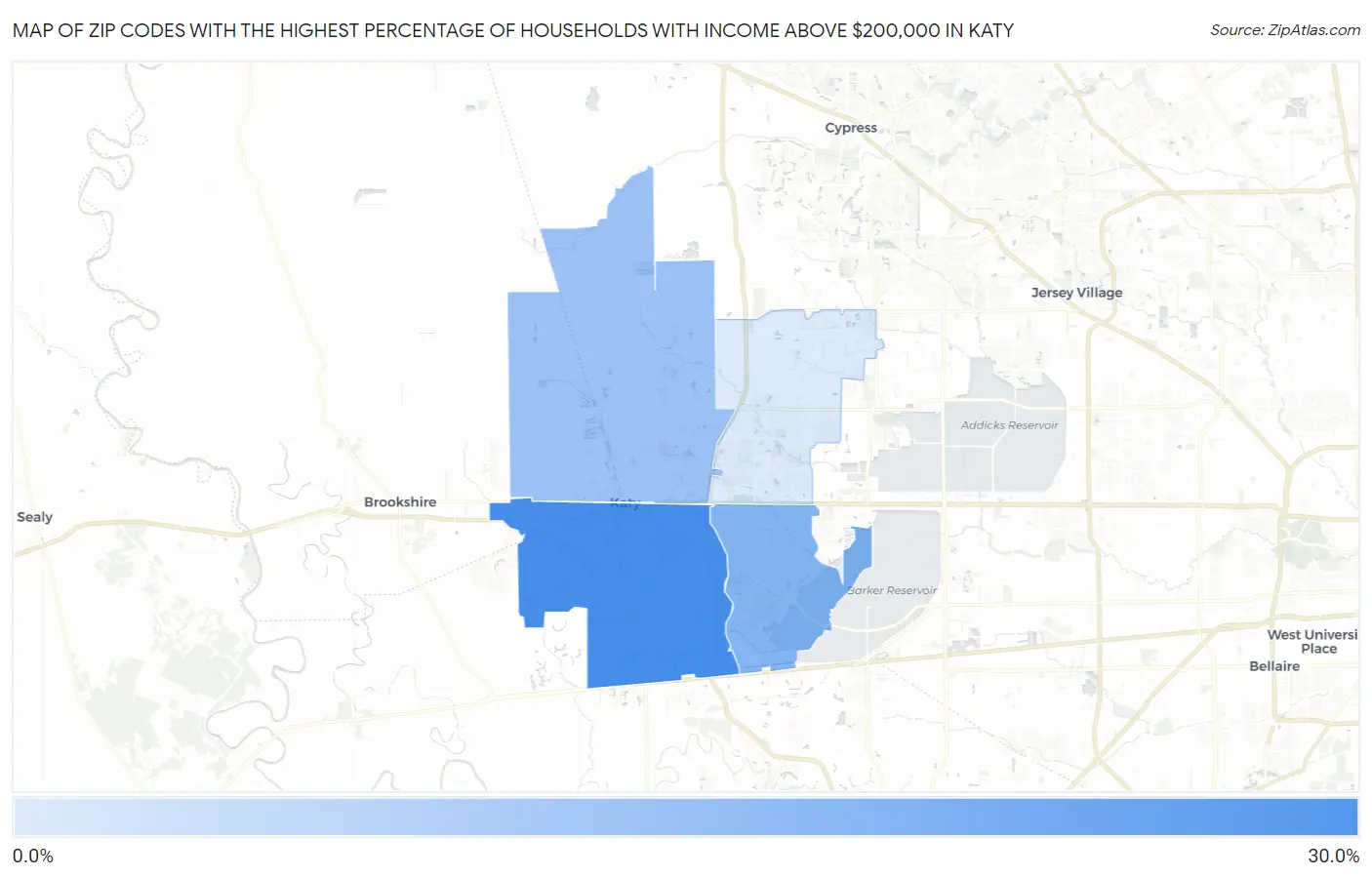 Zip Codes with the Highest Percentage of Households with Income Above $200,000 in Katy Map