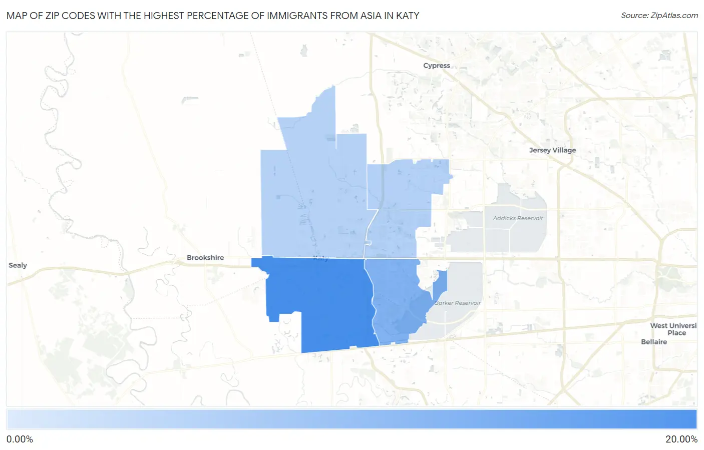 Zip Codes with the Highest Percentage of Immigrants from Asia in Katy Map