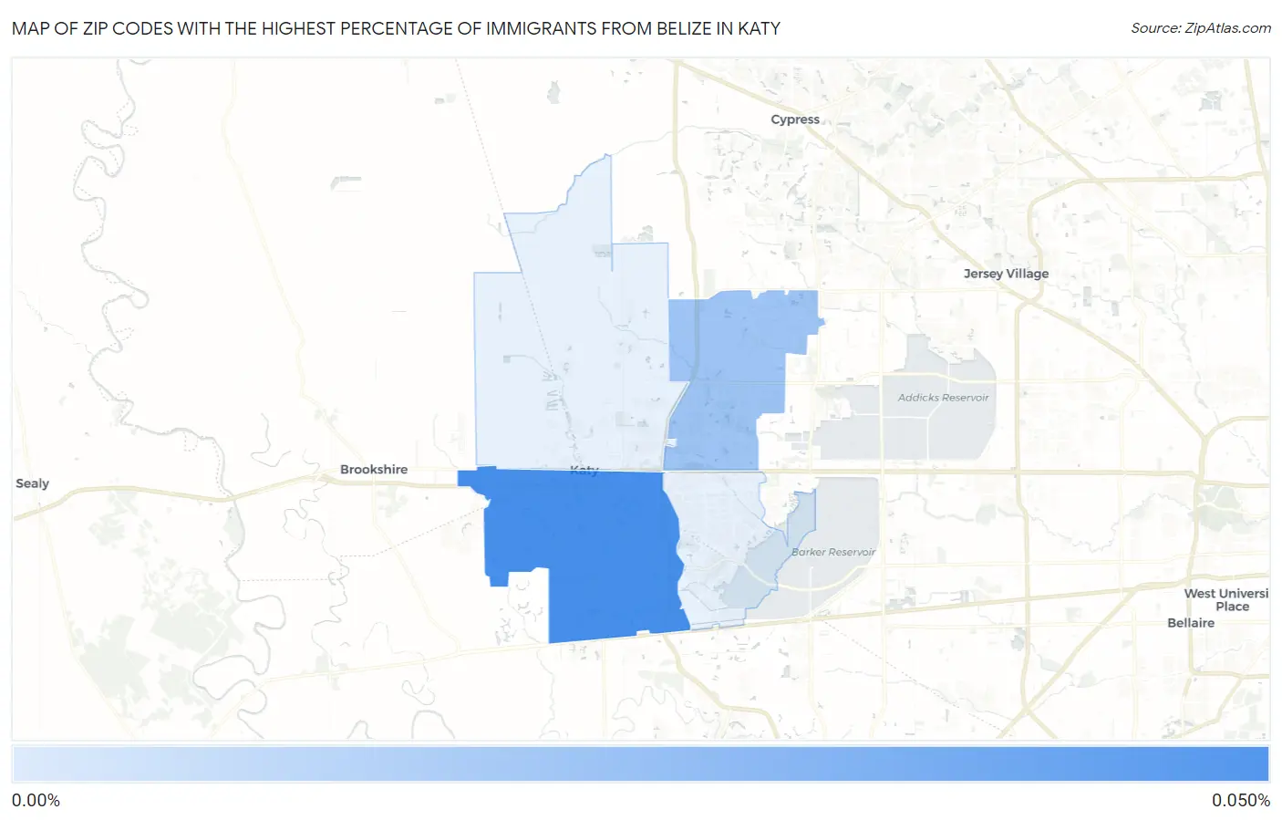 Zip Codes with the Highest Percentage of Immigrants from Belize in Katy Map