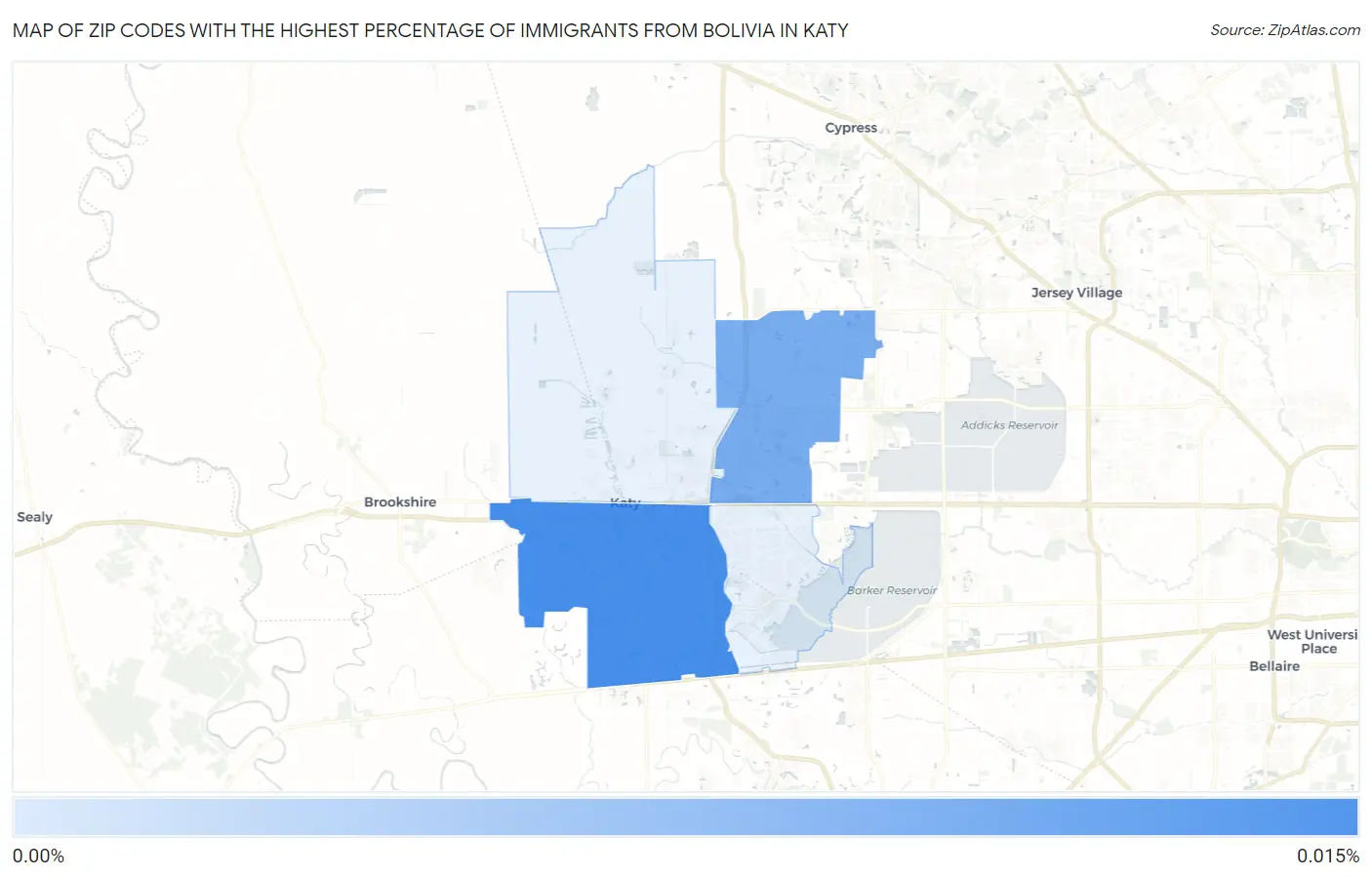 Zip Codes with the Highest Percentage of Immigrants from Bolivia in Katy Map