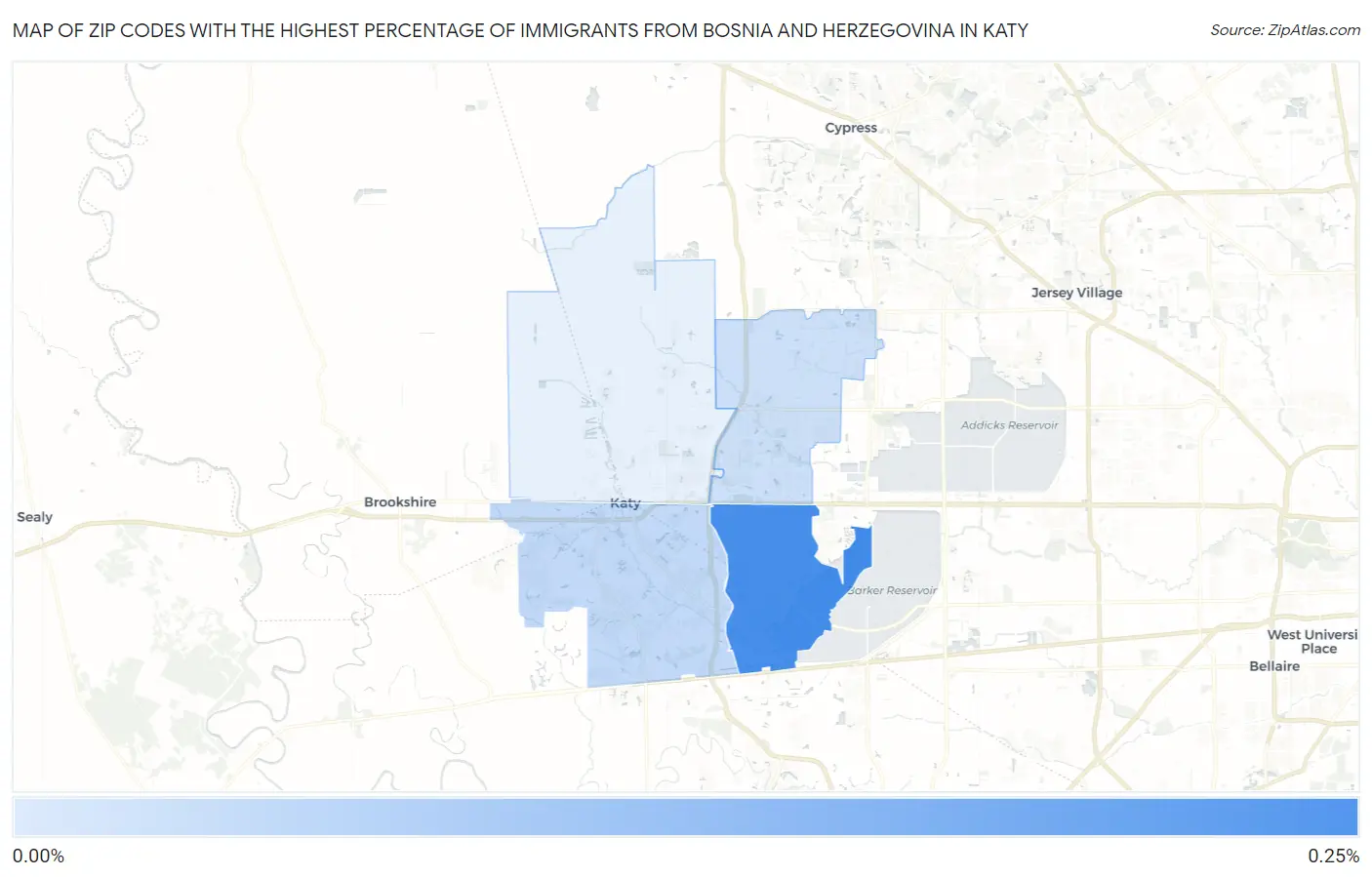 Zip Codes with the Highest Percentage of Immigrants from Bosnia and Herzegovina in Katy Map