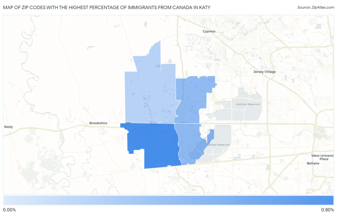 Zip Codes with the Highest Percentage of Immigrants from Canada in Katy Map
