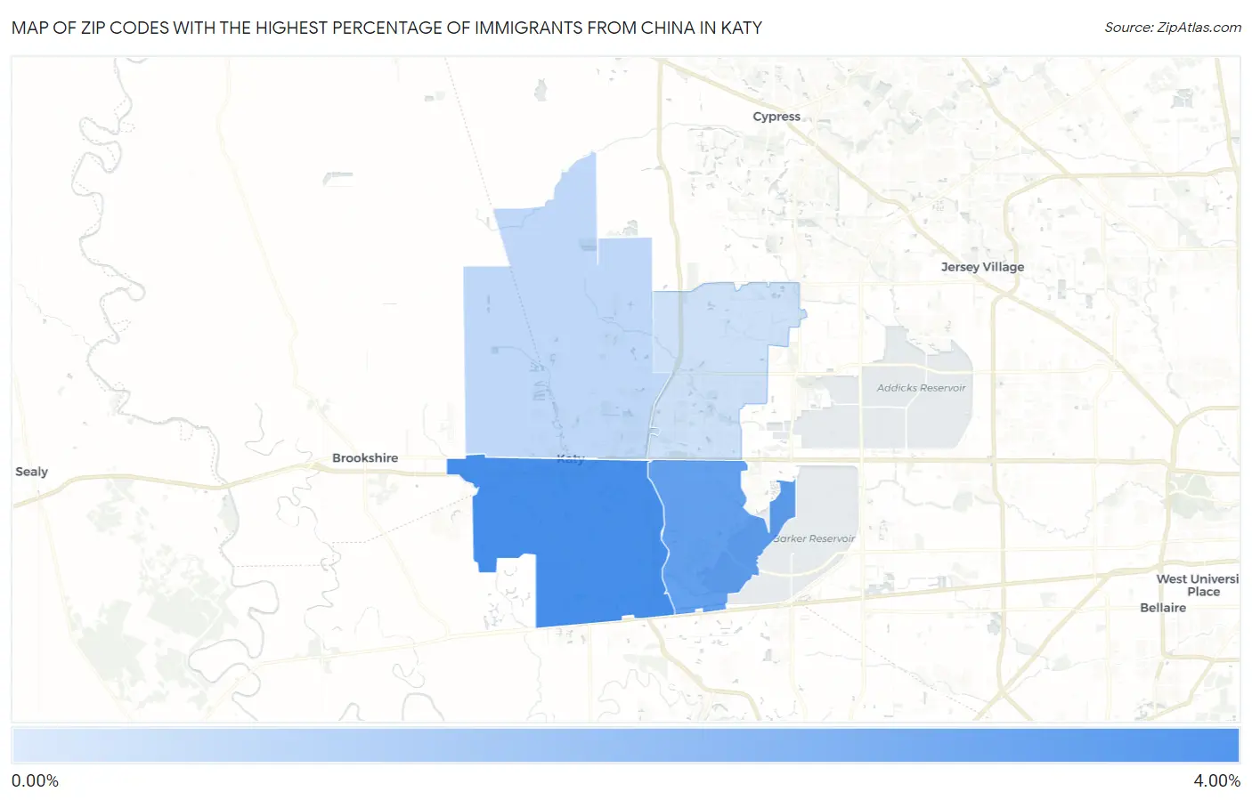 Zip Codes with the Highest Percentage of Immigrants from China in Katy Map