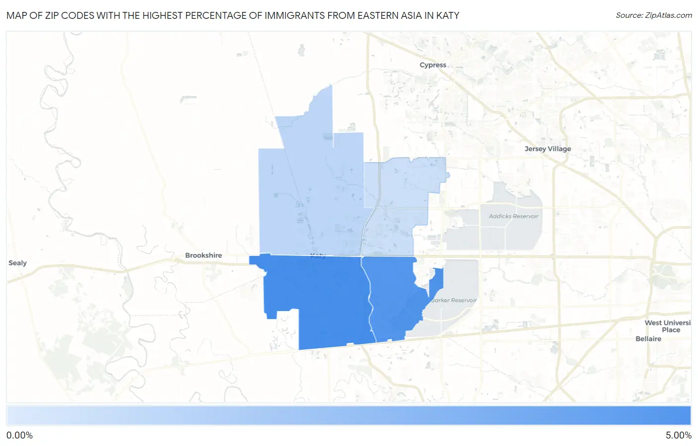 Zip Codes with the Highest Percentage of Immigrants from Eastern Asia in Katy Map