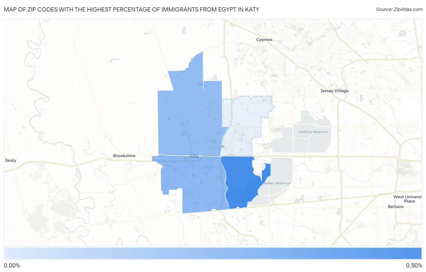 Zip Codes with the Highest Percentage of Immigrants from Egypt in Katy Map