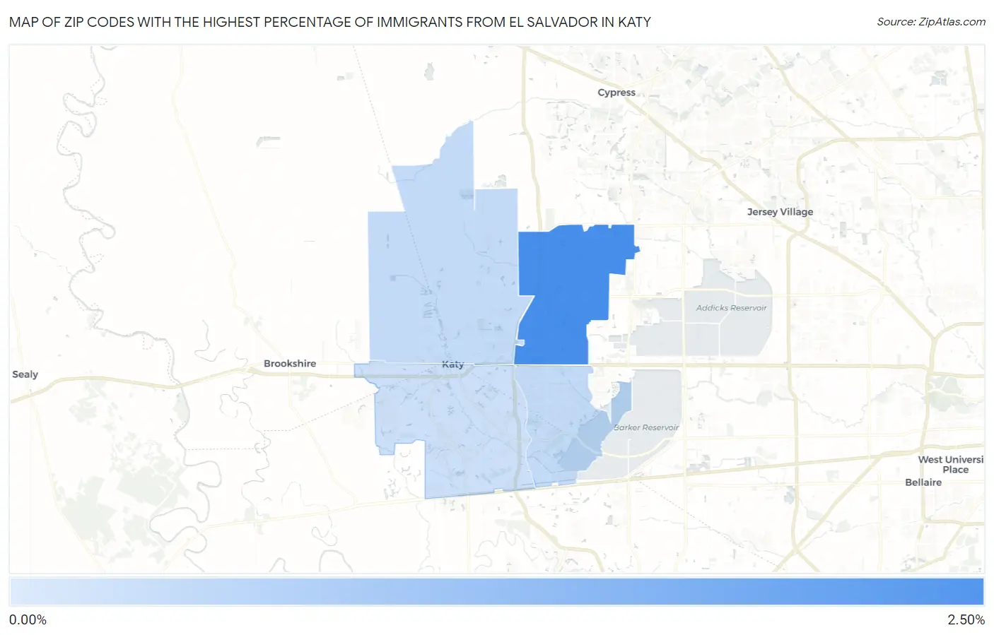 Zip Codes with the Highest Percentage of Immigrants from El Salvador in Katy Map