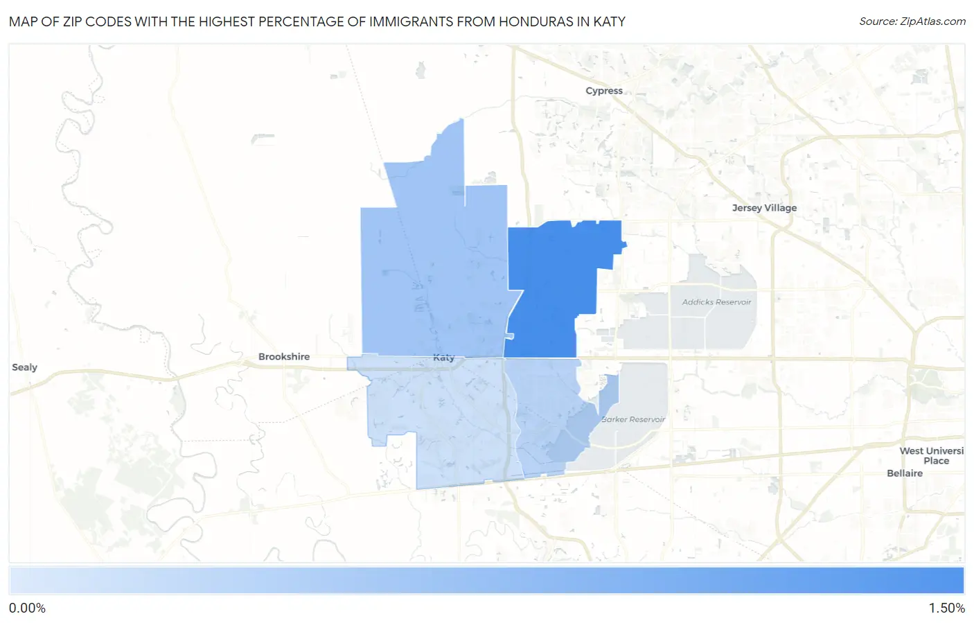 Zip Codes with the Highest Percentage of Immigrants from Honduras in Katy Map