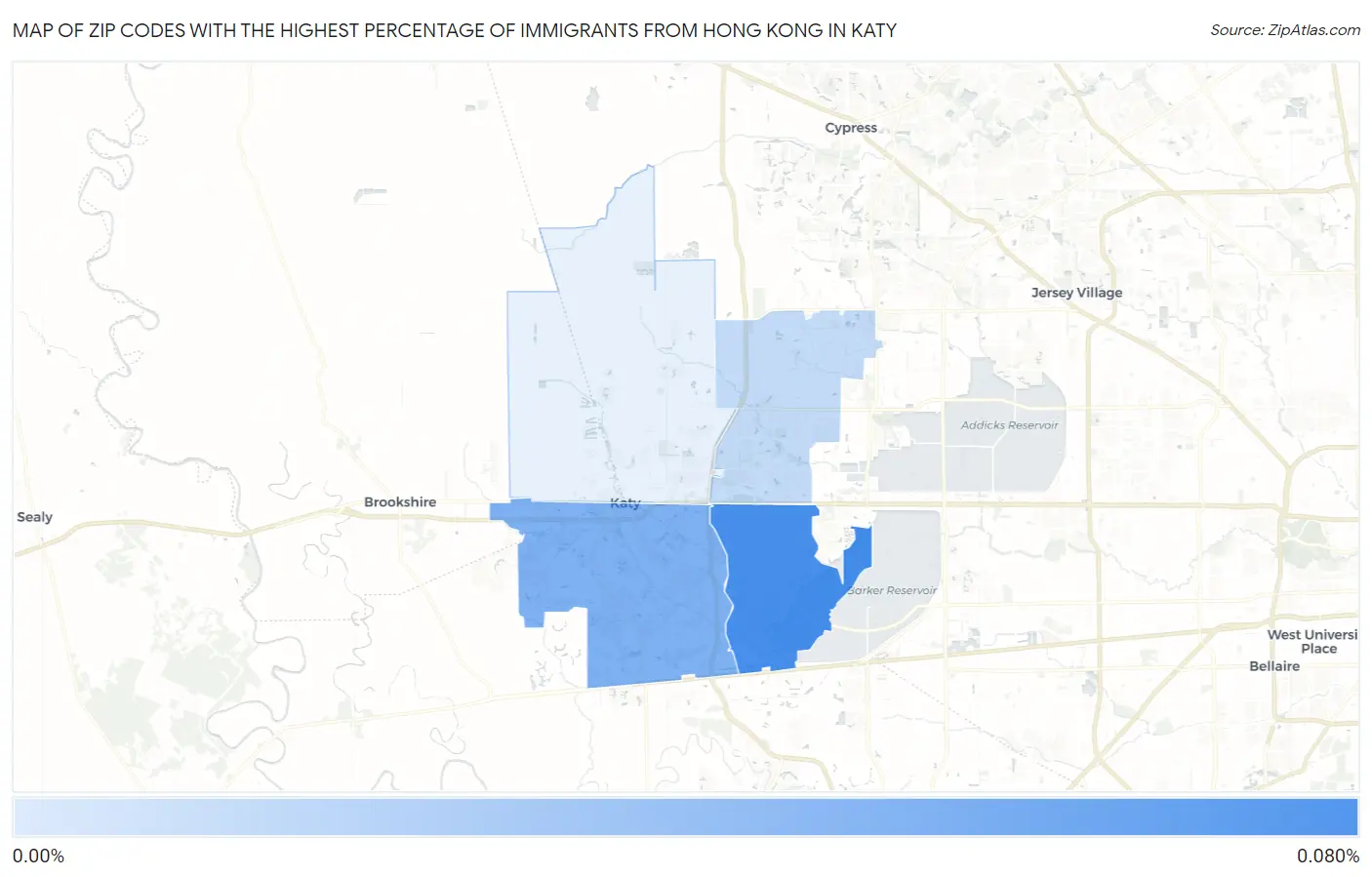Zip Codes with the Highest Percentage of Immigrants from Hong Kong in Katy Map