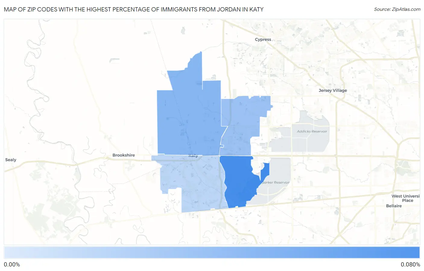 Zip Codes with the Highest Percentage of Immigrants from Jordan in Katy Map