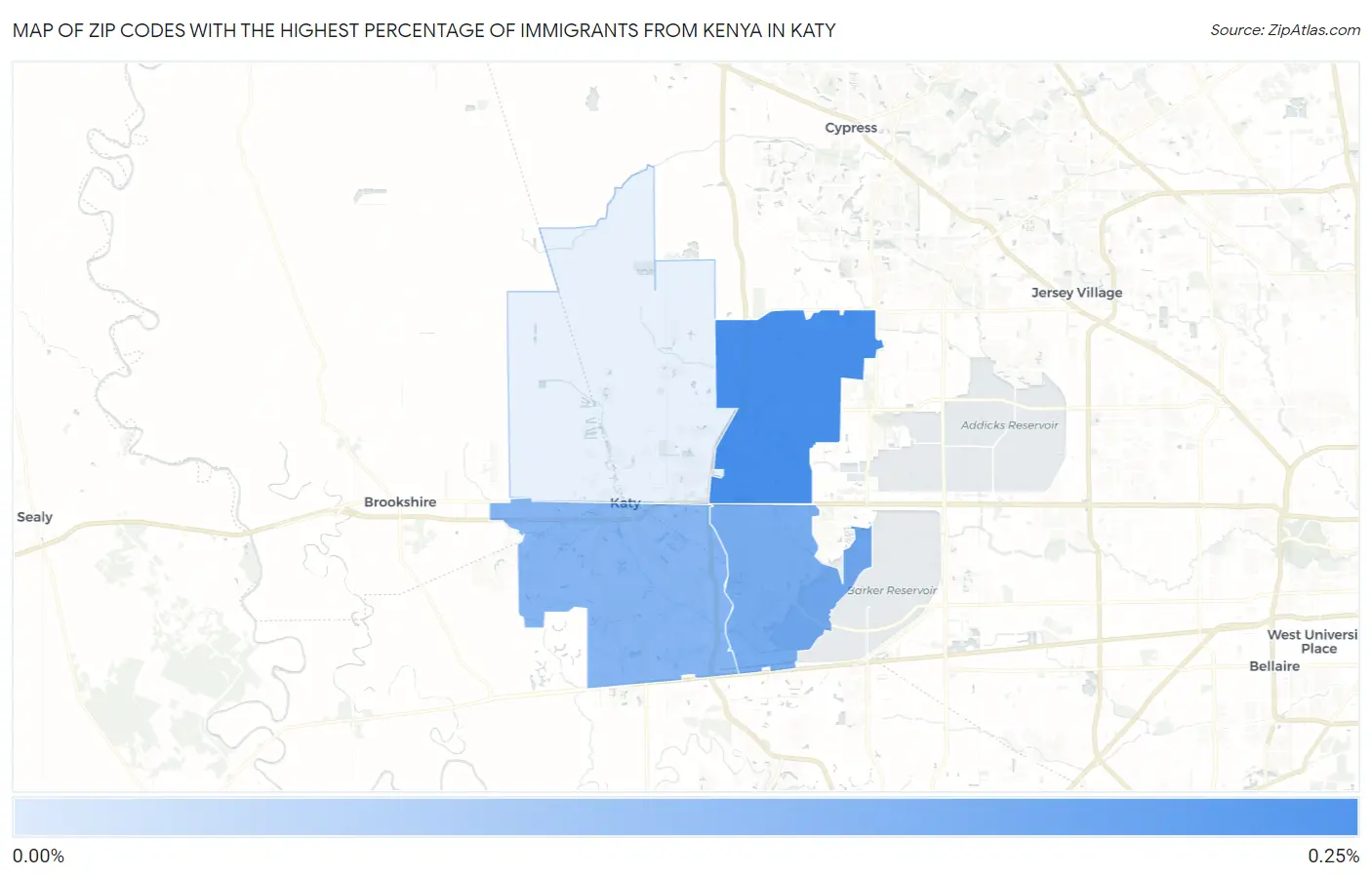 Zip Codes with the Highest Percentage of Immigrants from Kenya in Katy Map