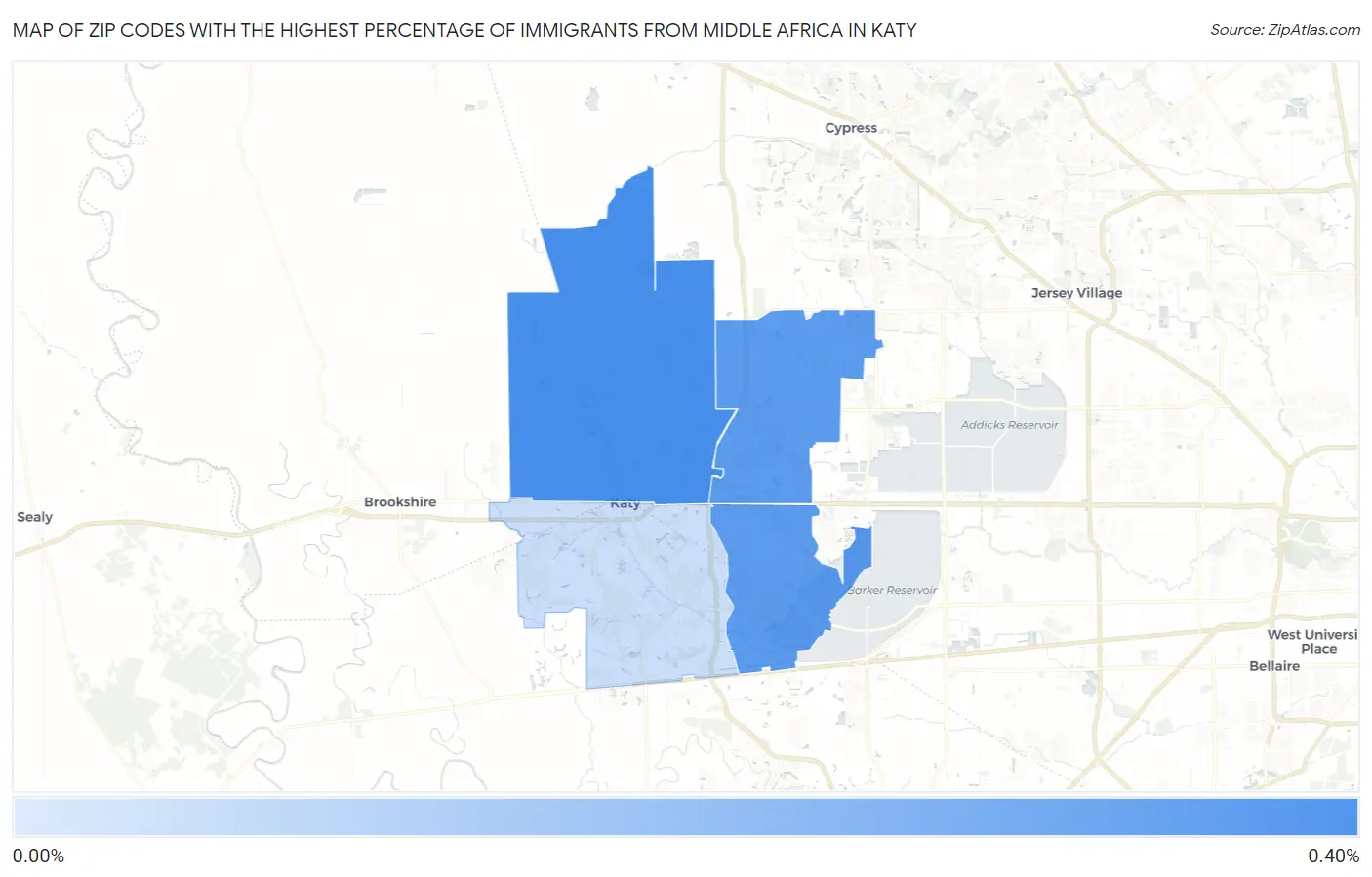 Zip Codes with the Highest Percentage of Immigrants from Middle Africa in Katy Map