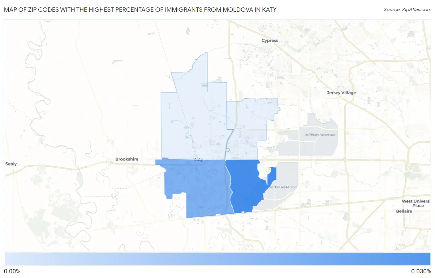 Zip Codes with the Highest Percentage of Immigrants from Moldova in Katy Map