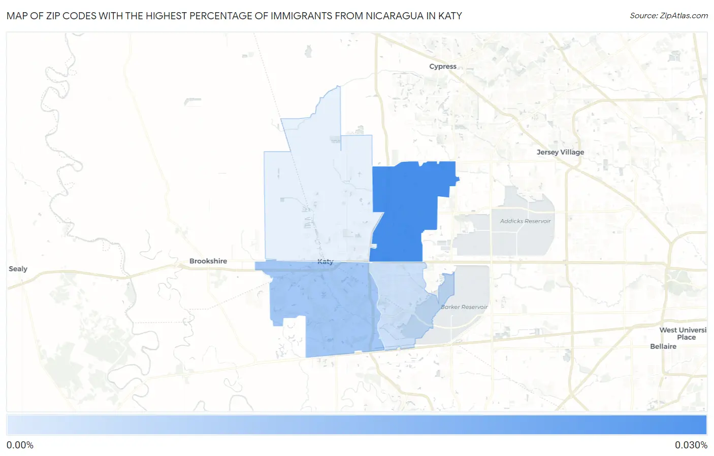 Zip Codes with the Highest Percentage of Immigrants from Nicaragua in Katy Map