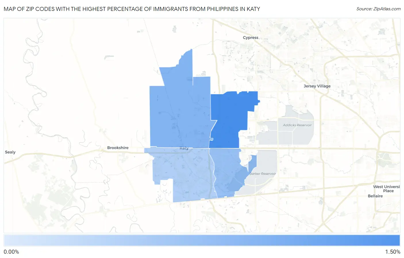 Zip Codes with the Highest Percentage of Immigrants from Philippines in Katy Map