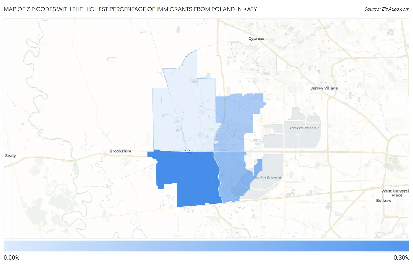 Zip Codes with the Highest Percentage of Immigrants from Poland in Katy Map