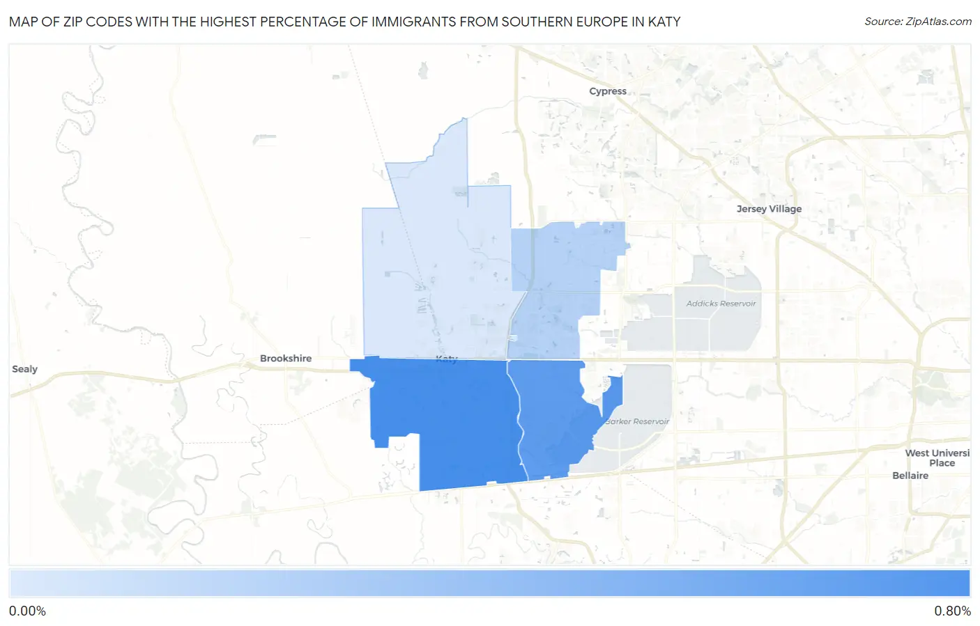 Zip Codes with the Highest Percentage of Immigrants from Southern Europe in Katy Map