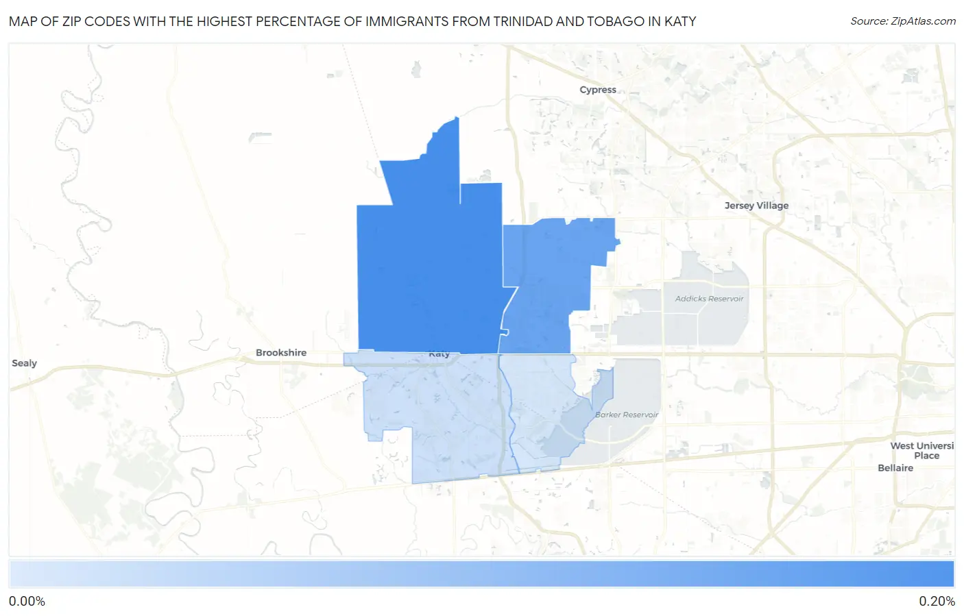 Zip Codes with the Highest Percentage of Immigrants from Trinidad and Tobago in Katy Map