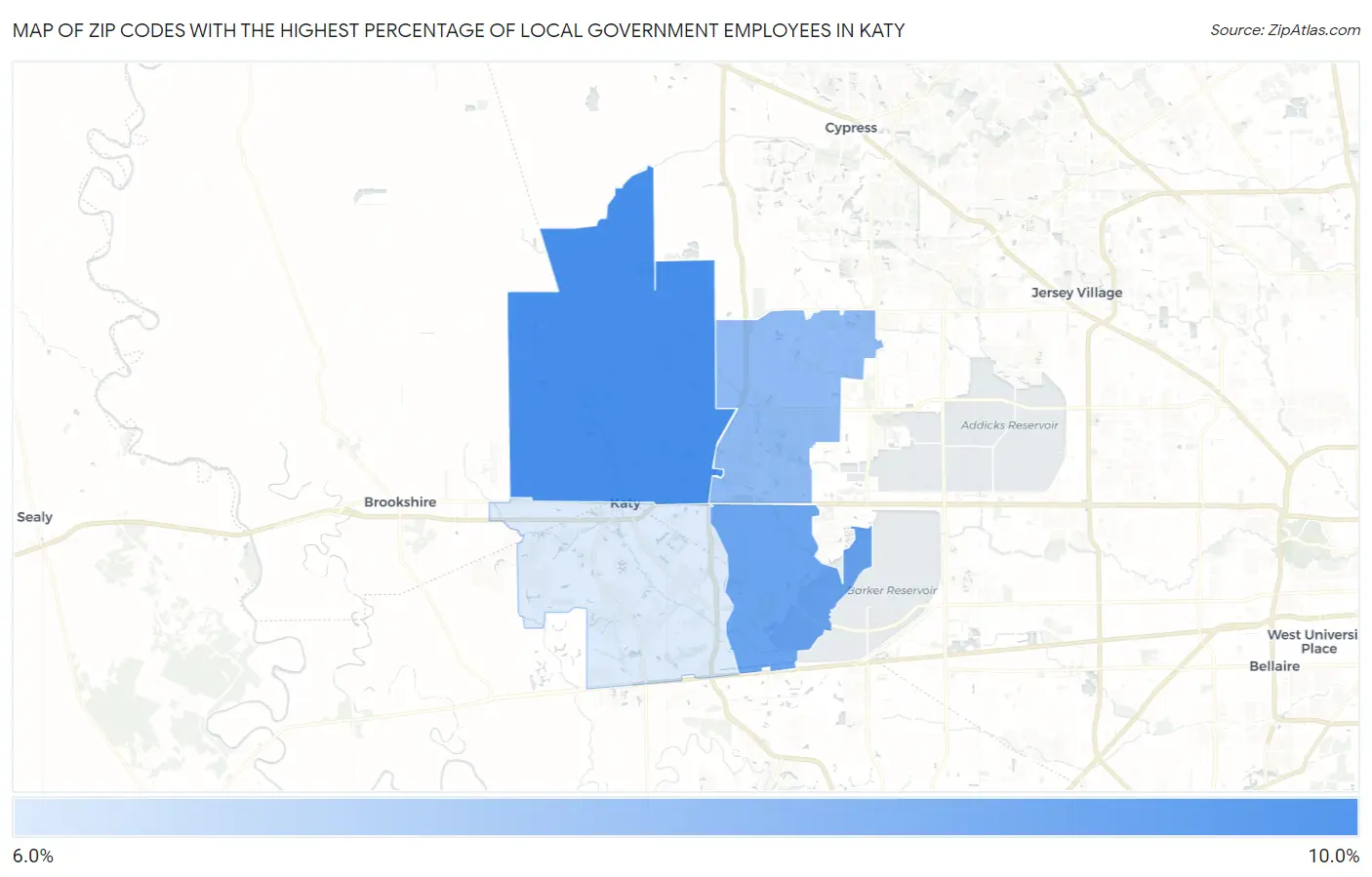 Zip Codes with the Highest Percentage of Local Government Employees in Katy Map