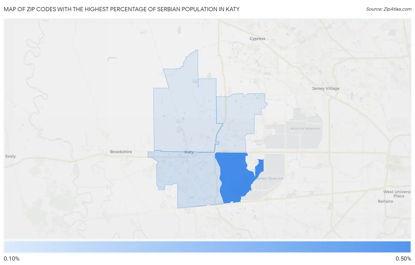 Zip Codes with the Highest Percentage of Serbian Population in Katy Map