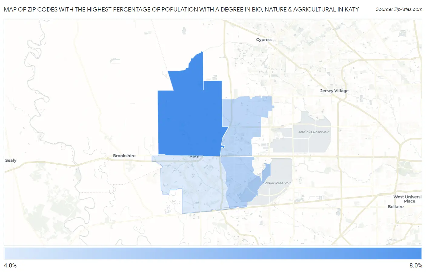 Zip Codes with the Highest Percentage of Population with a Degree in Bio, Nature & Agricultural in Katy Map