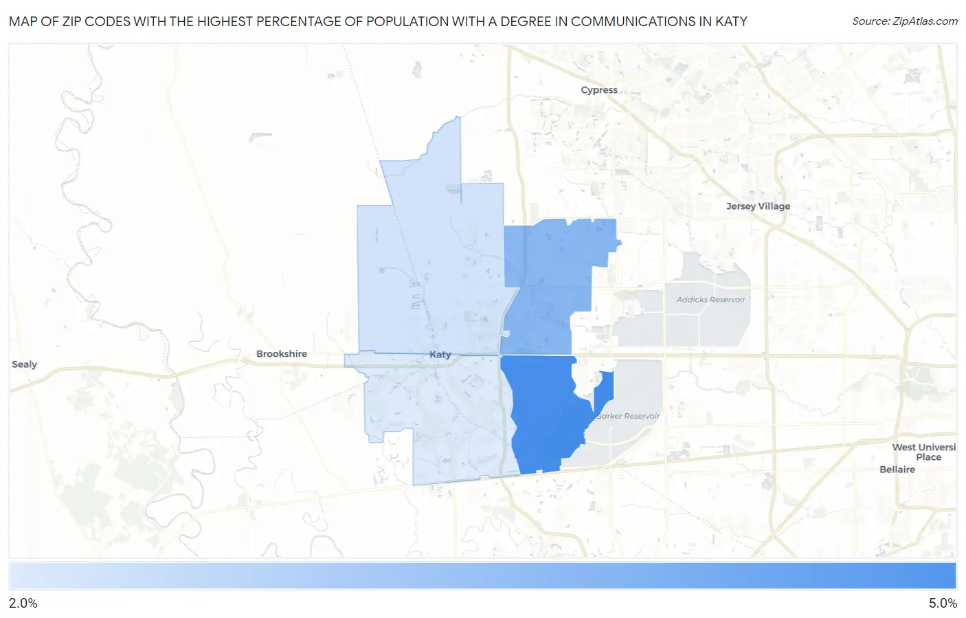 Zip Codes with the Highest Percentage of Population with a Degree in Communications in Katy Map