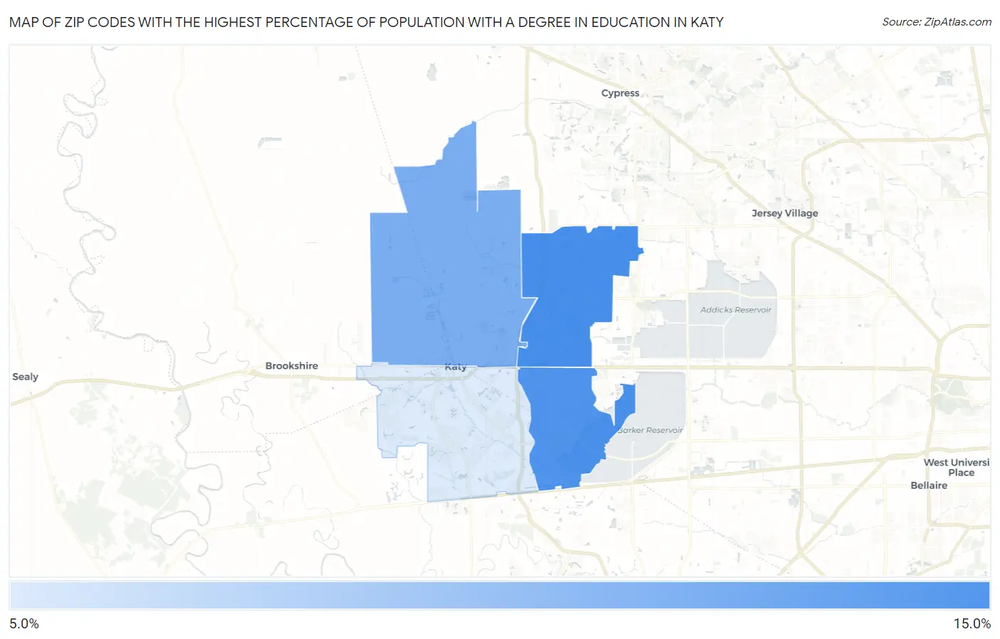 Zip Codes with the Highest Percentage of Population with a Degree in Education in Katy Map