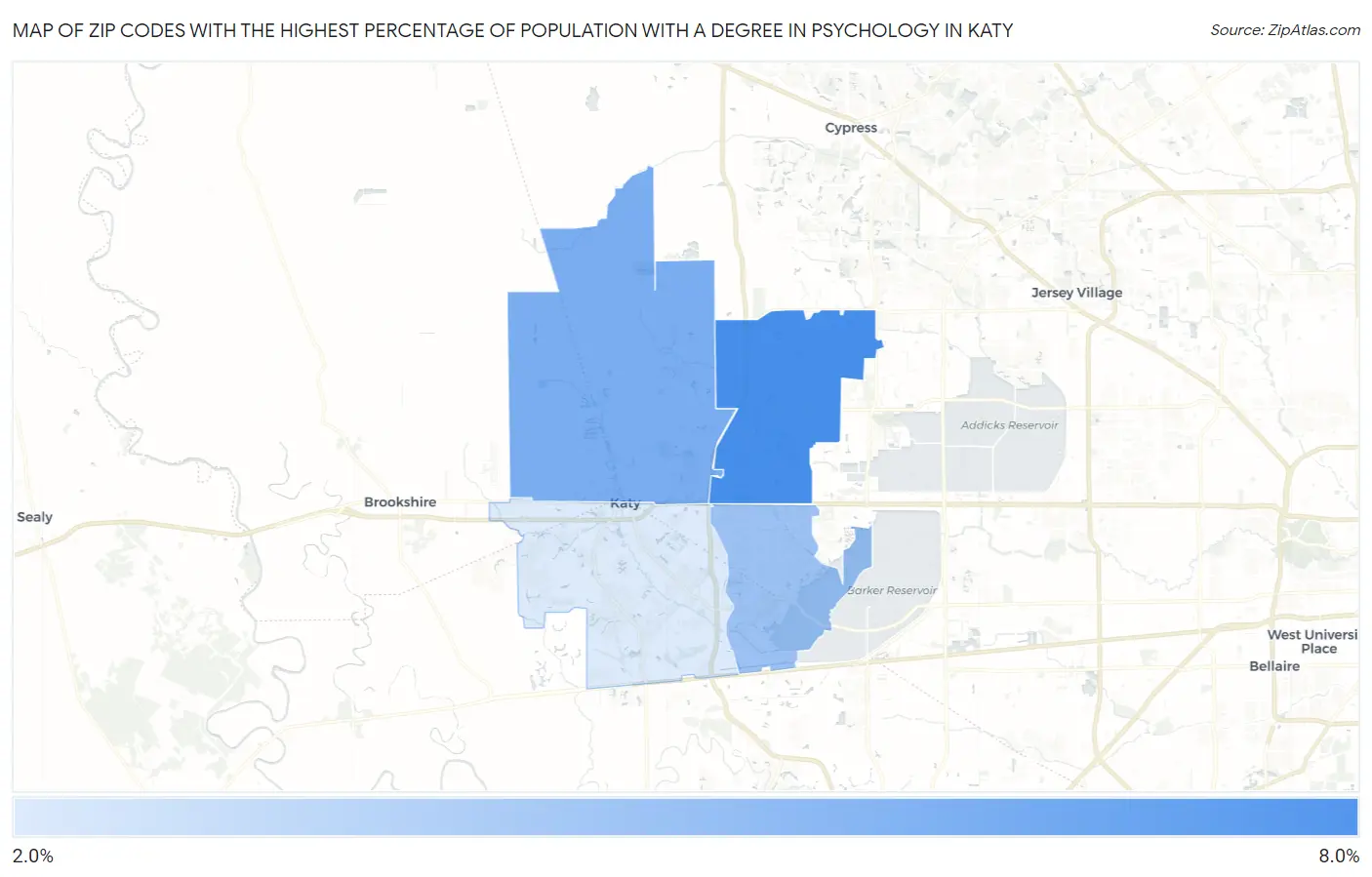 Zip Codes with the Highest Percentage of Population with a Degree in Psychology in Katy Map
