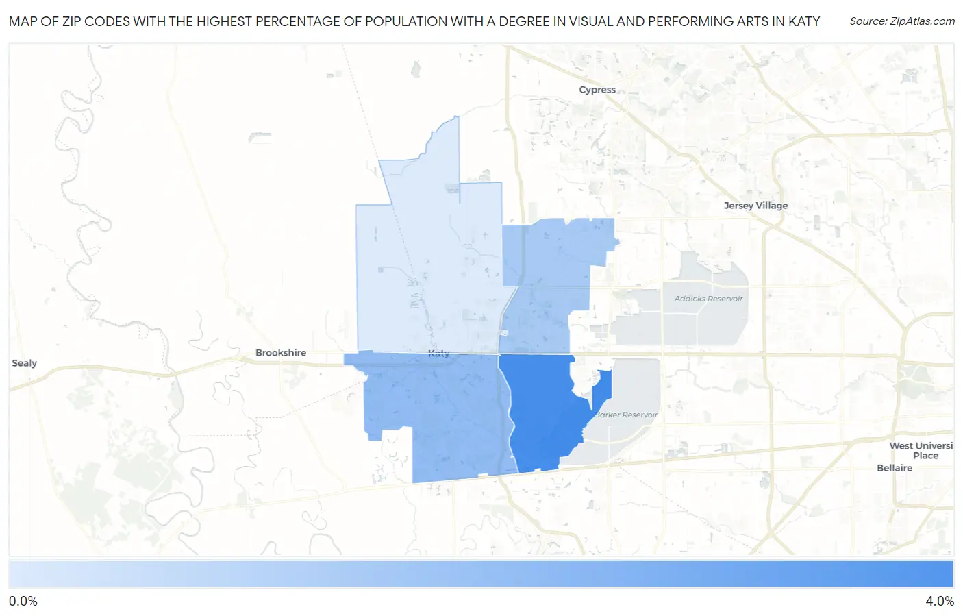 Zip Codes with the Highest Percentage of Population with a Degree in Visual and Performing Arts in Katy Map