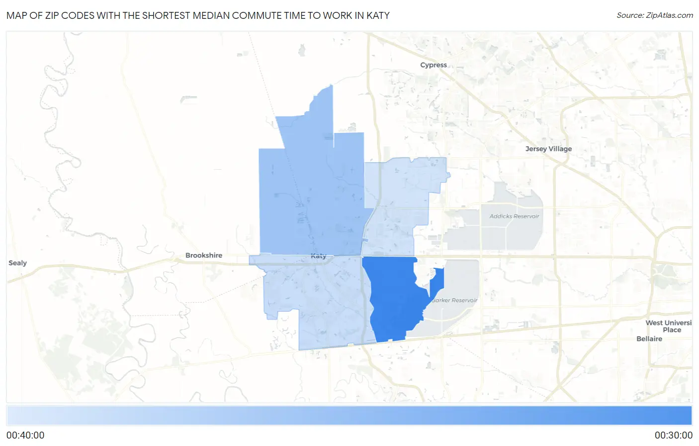 Zip Codes with the Shortest Median Commute Time to Work in Katy Map
