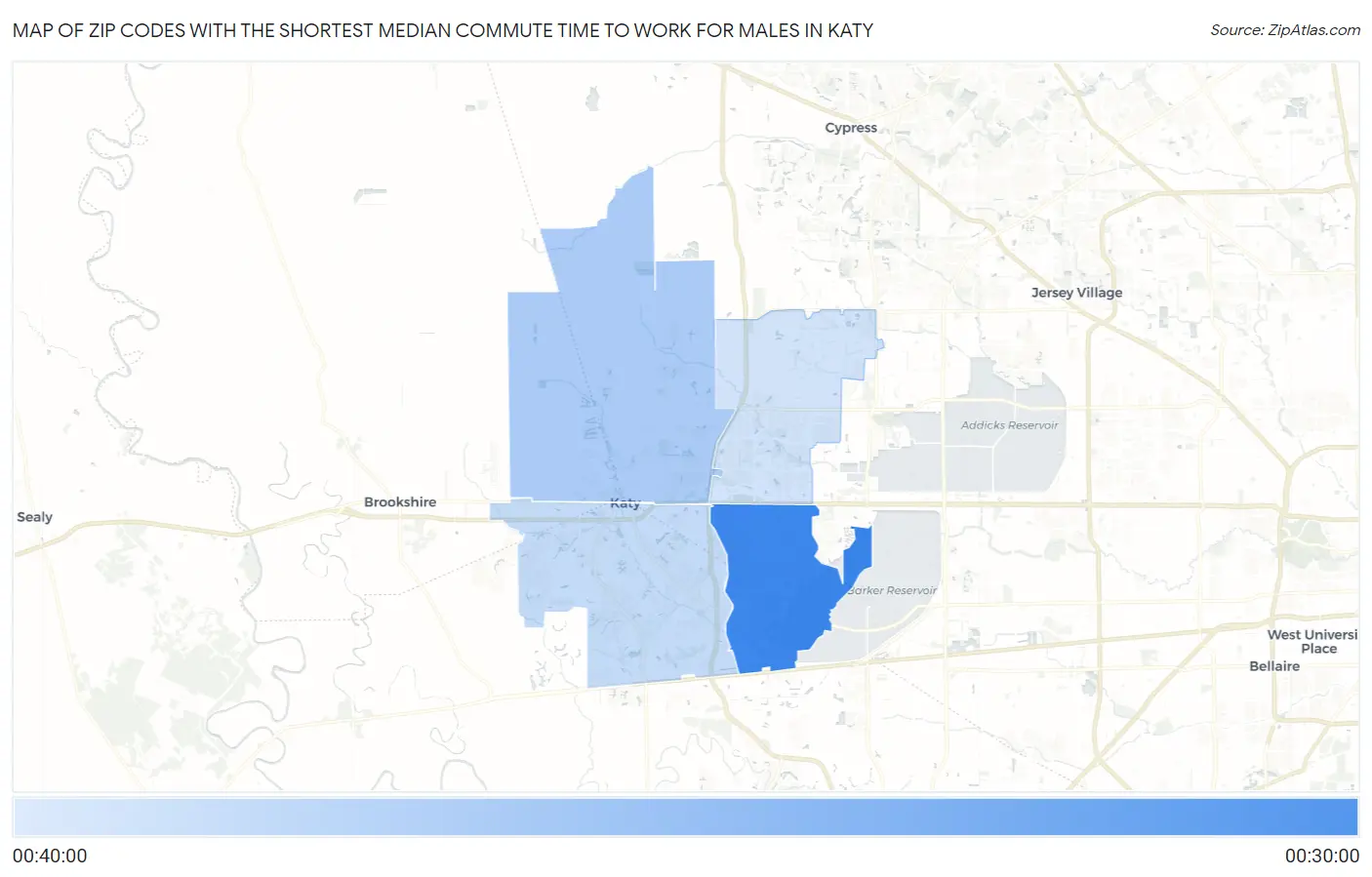 Zip Codes with the Shortest Median Commute Time to Work for Males in Katy Map