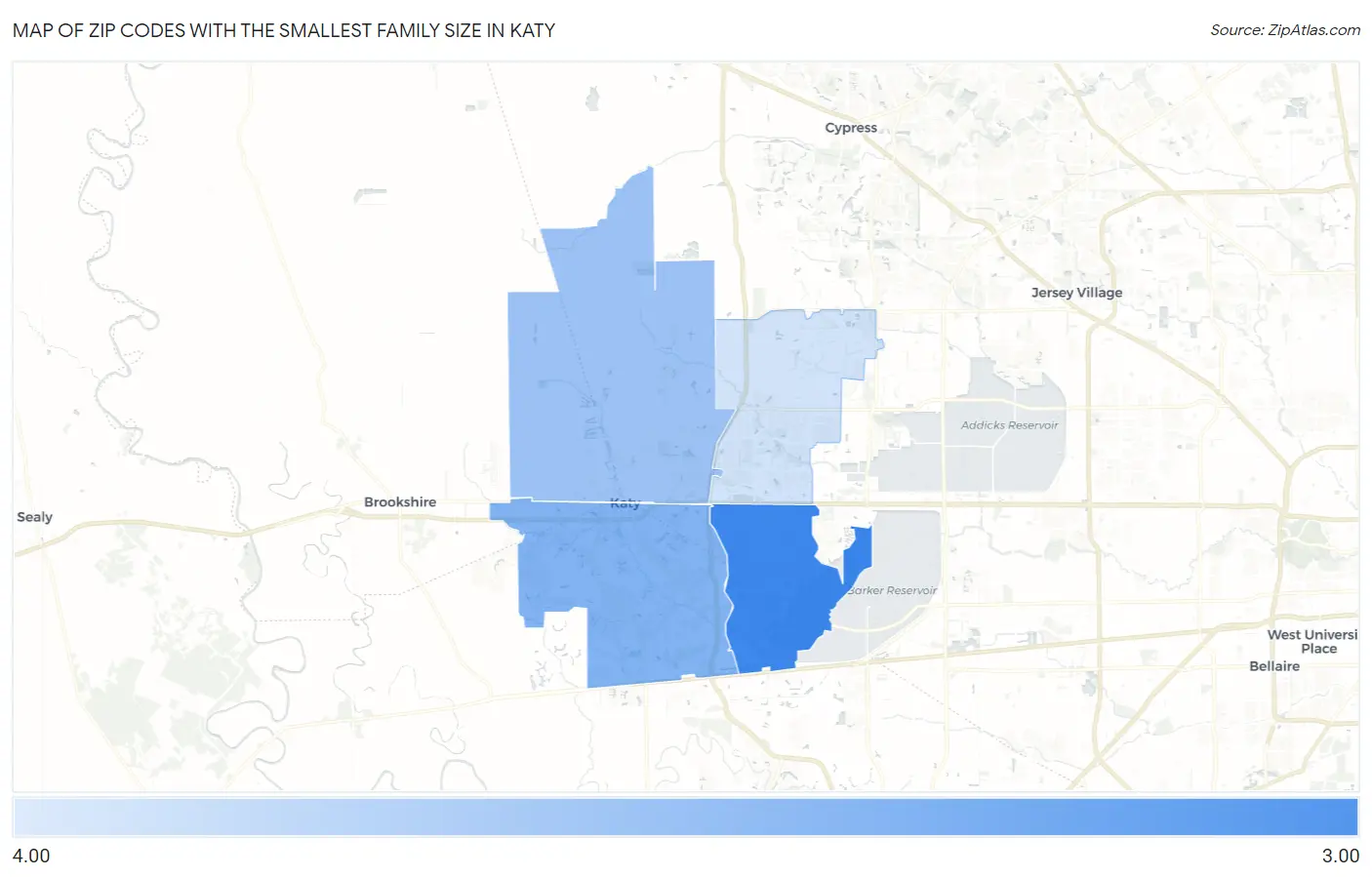 Zip Codes with the Smallest Family Size in Katy Map