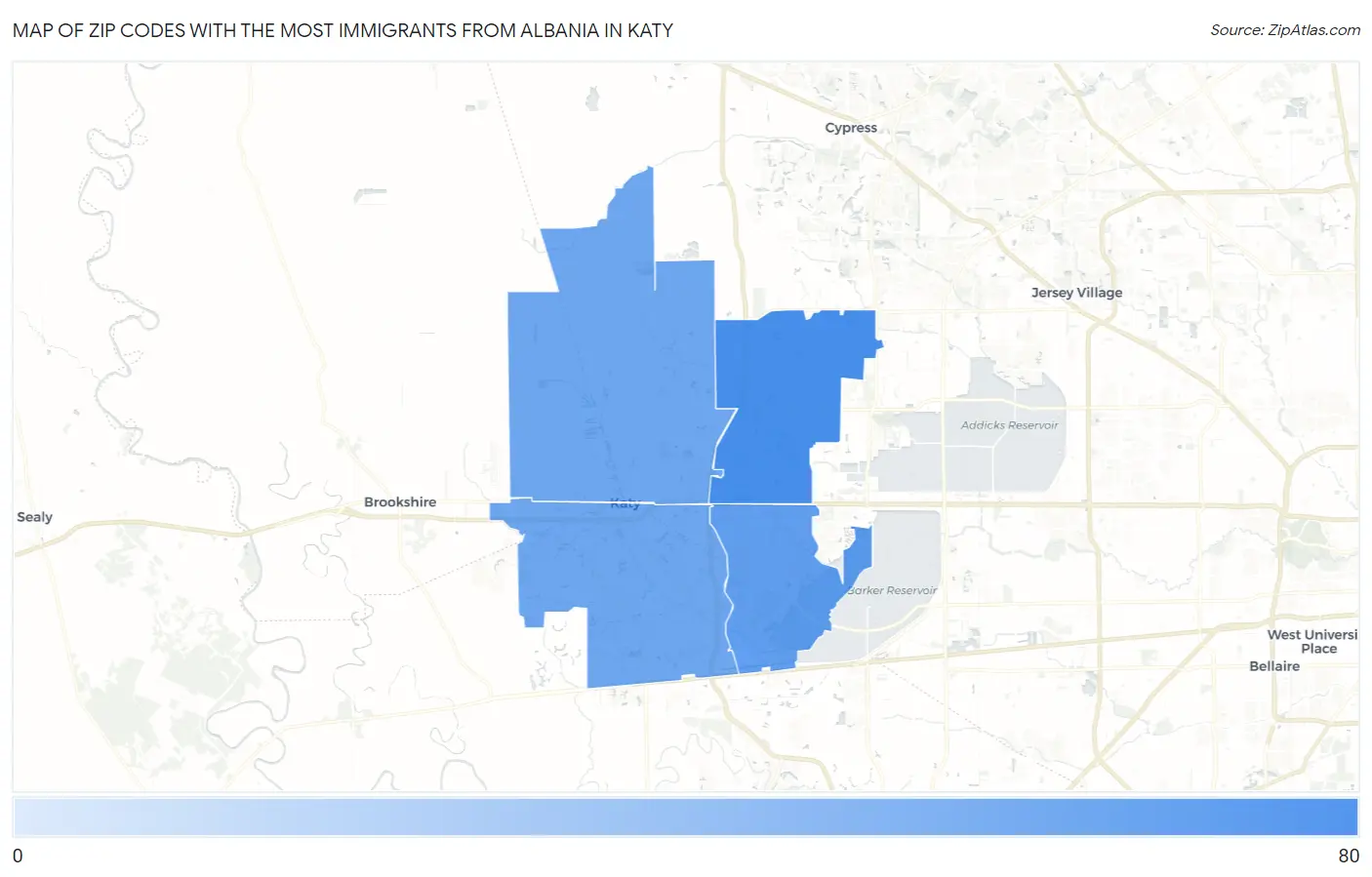 Zip Codes with the Most Immigrants from Albania in Katy Map