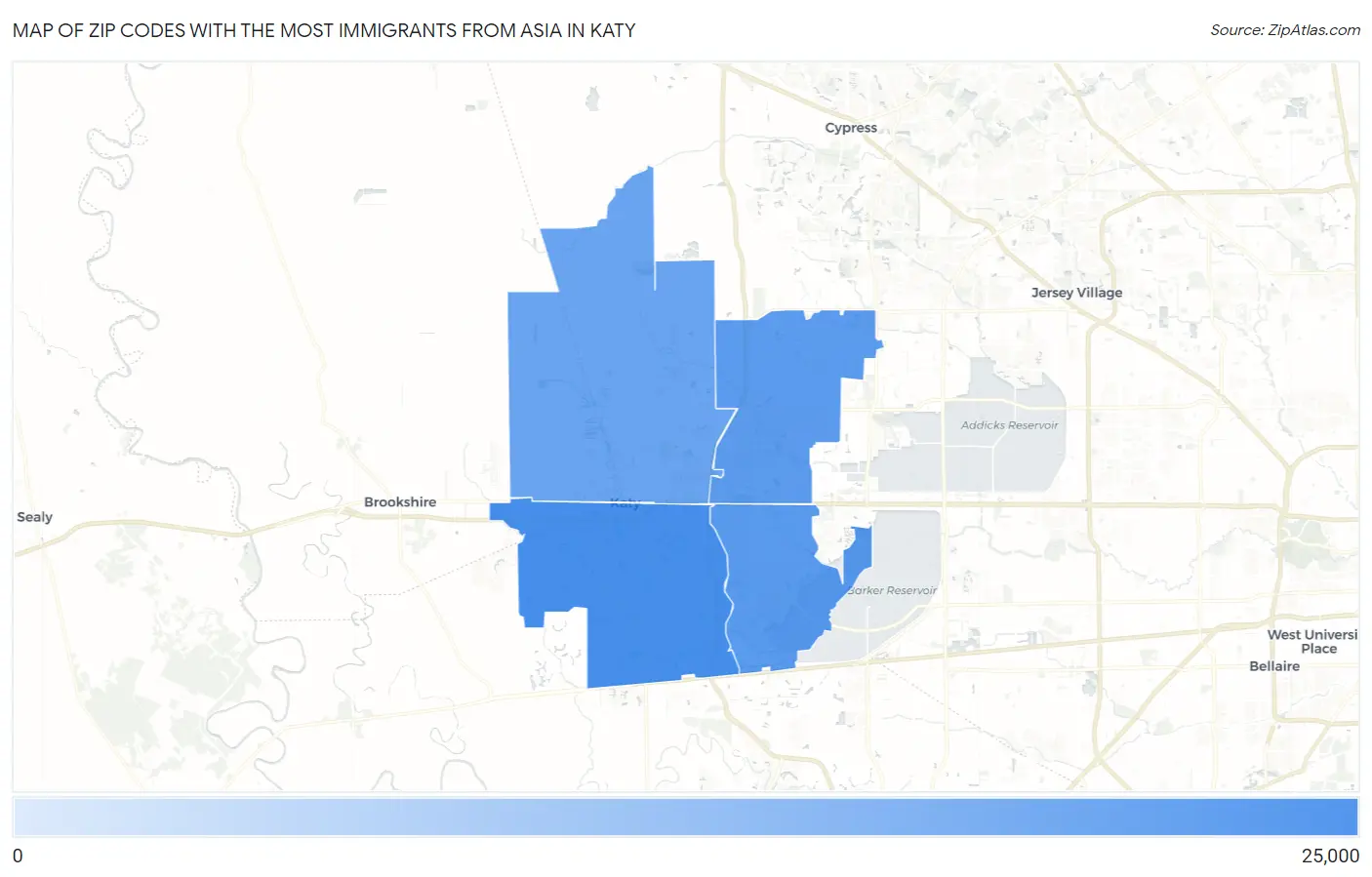 Zip Codes with the Most Immigrants from Asia in Katy Map