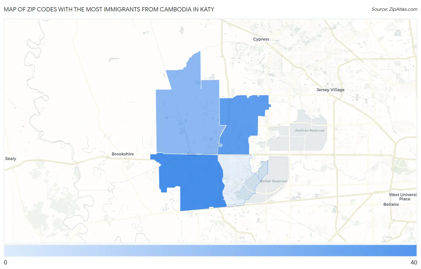 Zip Codes with the Most Immigrants from Cambodia in Katy Map
