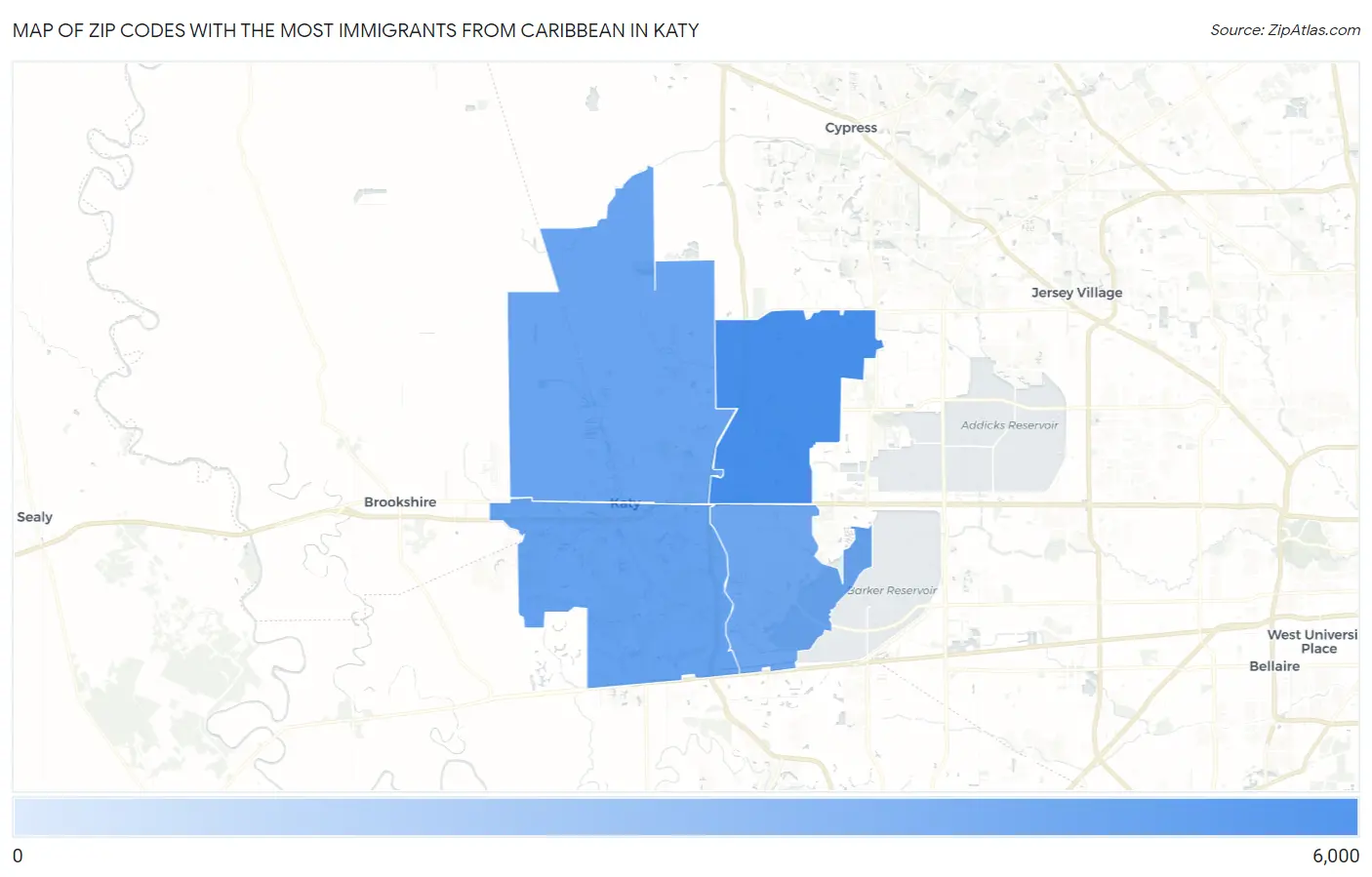 Zip Codes with the Most Immigrants from Caribbean in Katy Map