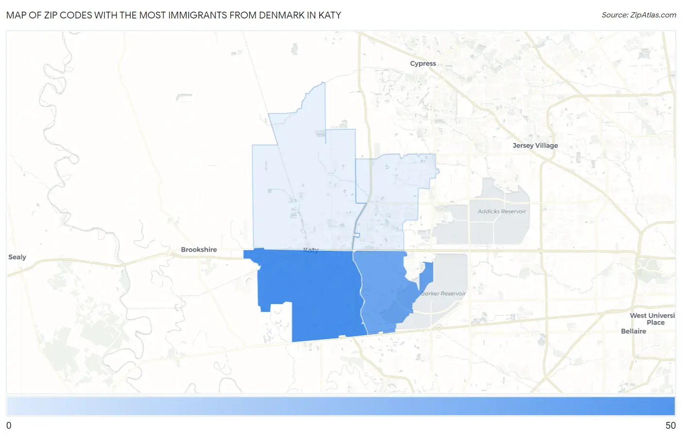 Zip Codes with the Most Immigrants from Denmark in Katy Map