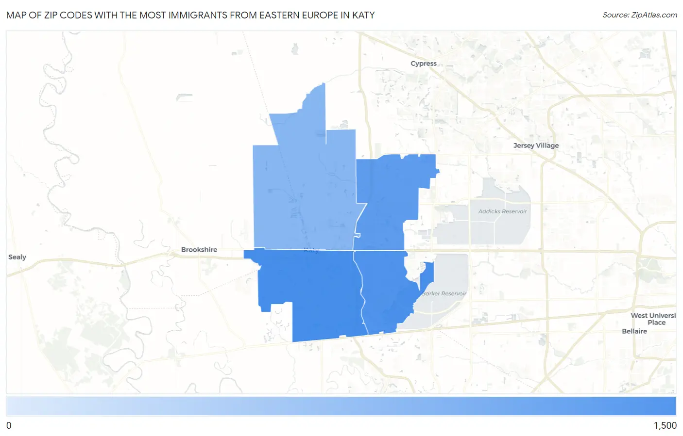Zip Codes with the Most Immigrants from Eastern Europe in Katy Map