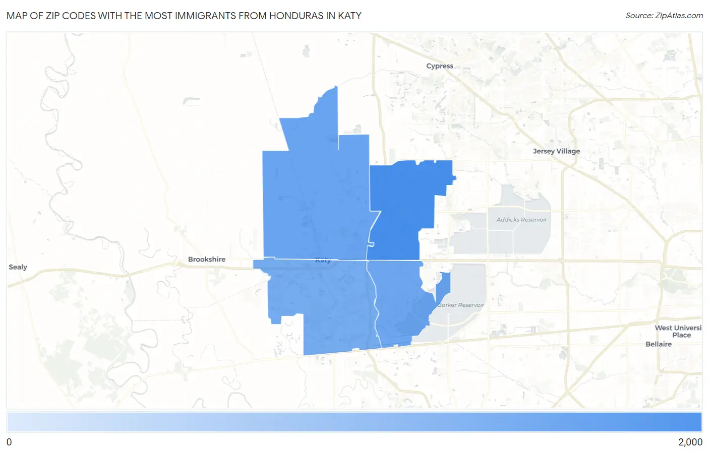 Zip Codes with the Most Immigrants from Honduras in Katy Map