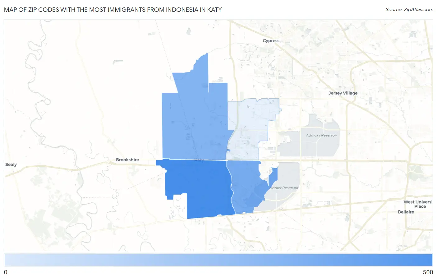 Zip Codes with the Most Immigrants from Indonesia in Katy Map