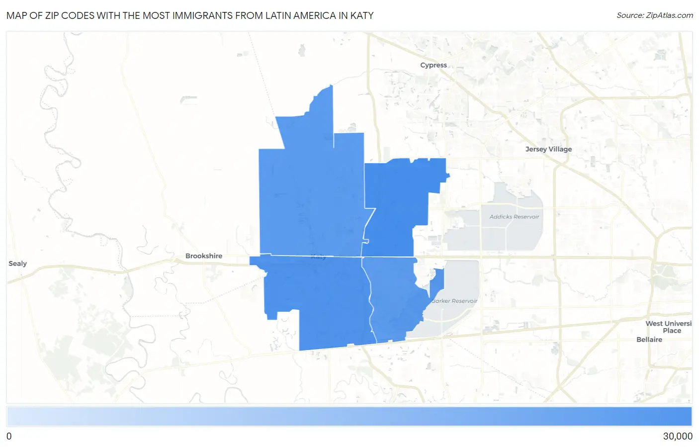 Zip Codes with the Most Immigrants from Latin America in Katy Map