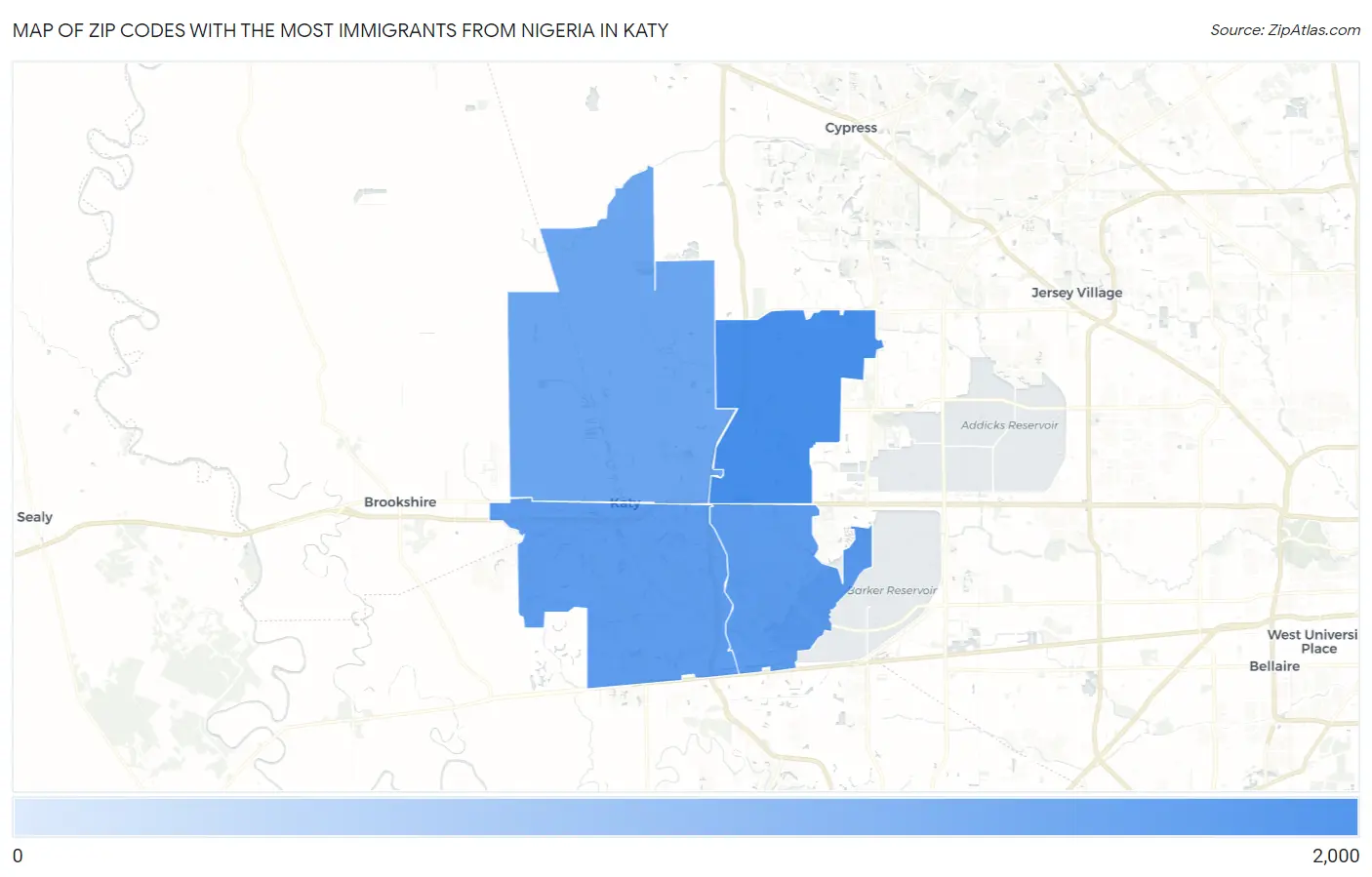 Zip Codes with the Most Immigrants from Nigeria in Katy Map