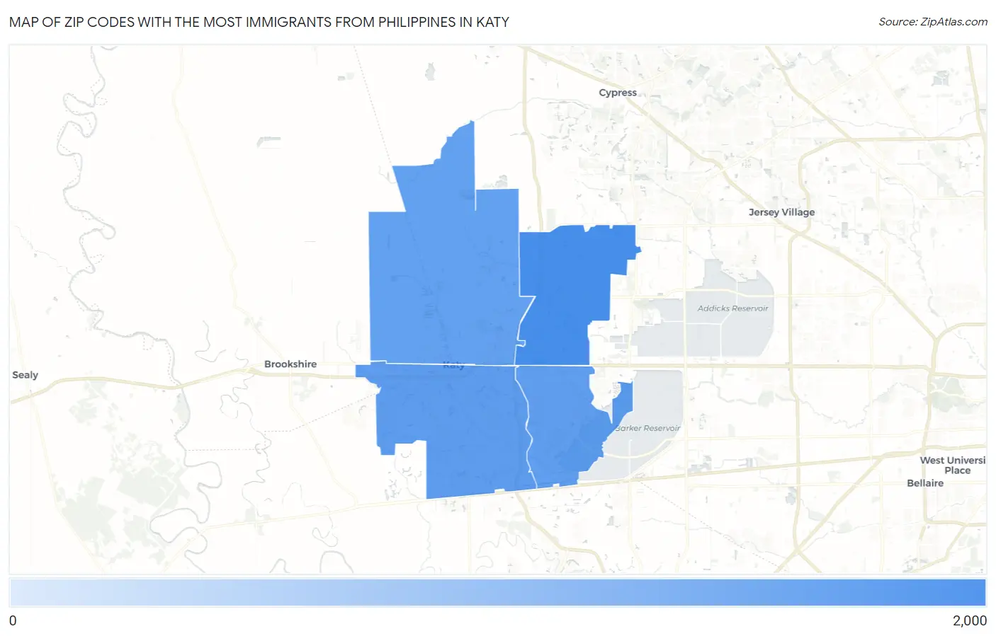 Zip Codes with the Most Immigrants from Philippines in Katy Map