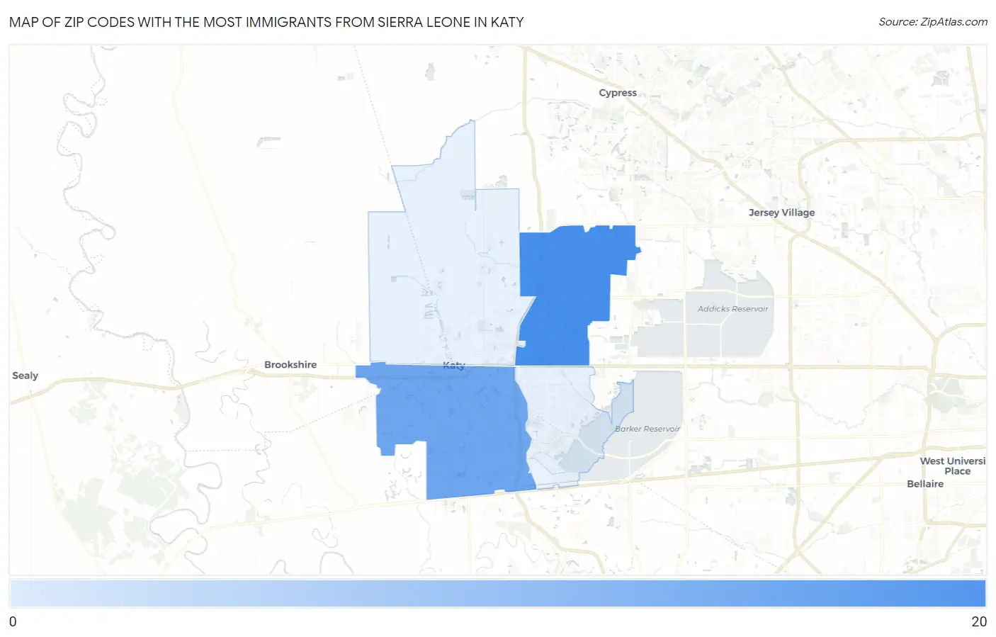 Zip Codes with the Most Immigrants from Sierra Leone in Katy Map