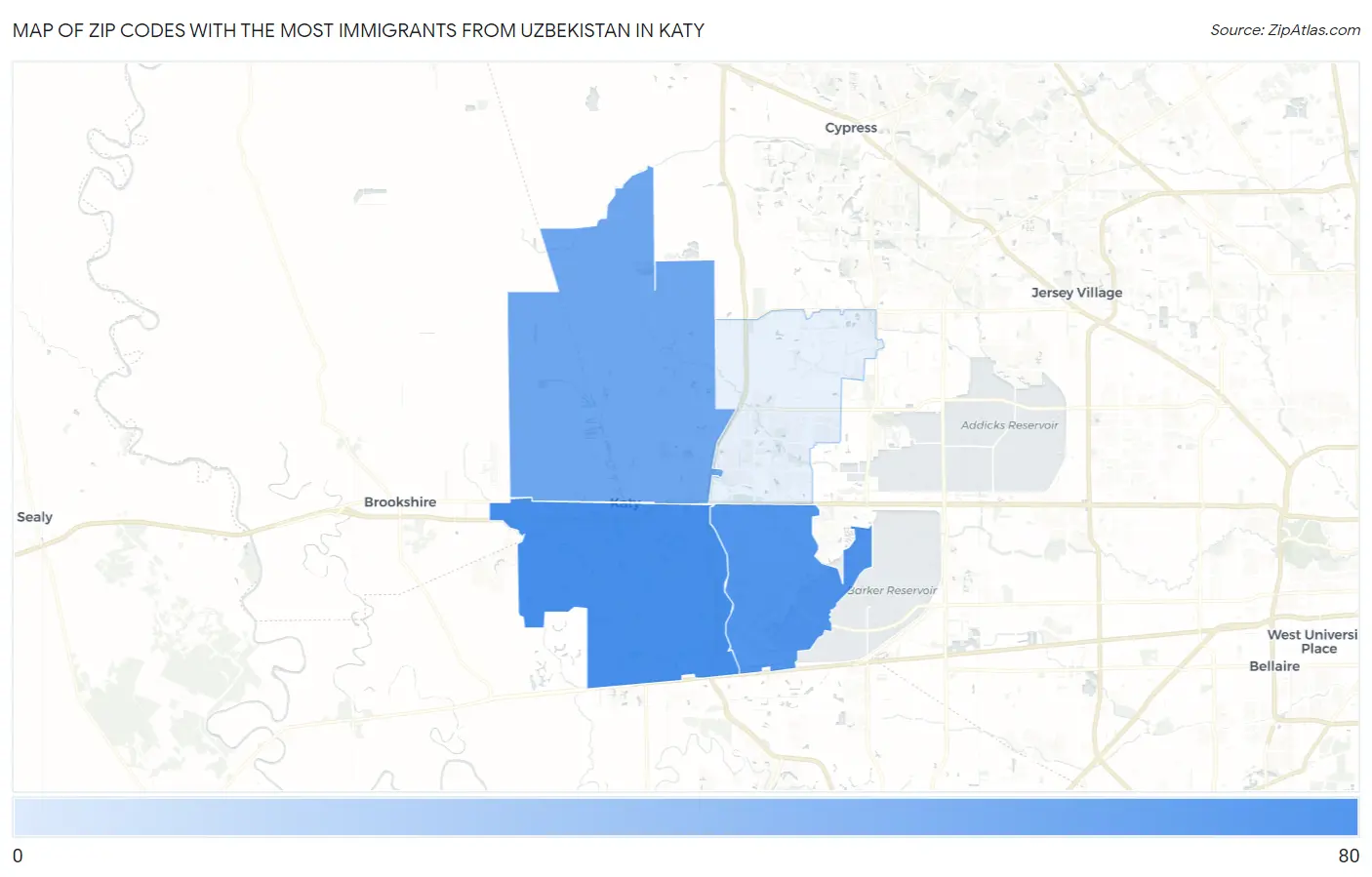 Zip Codes with the Most Immigrants from Uzbekistan in Katy Map